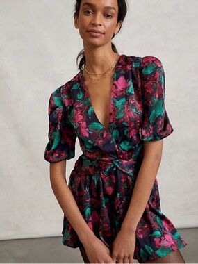 MISA Los Angeles Narcissa Mini Dress XS Floral Puff Sleeve Twist Waist